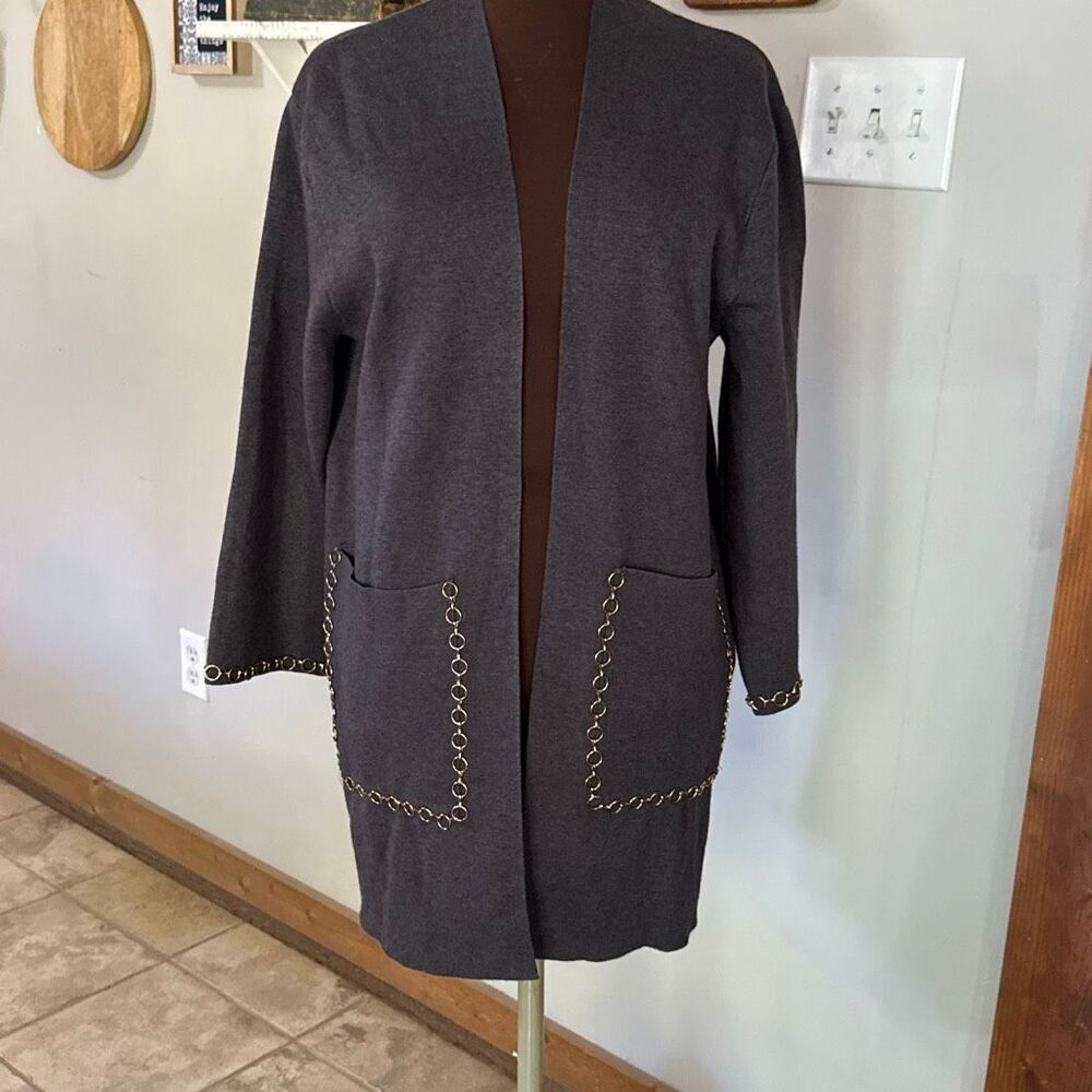 Zara knit open cardigan sweater womens size small gray gold chain teacher oversi